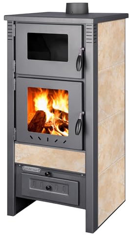 ProTermo Taurus Creme Kaminofen mit Backfach – 12kW Heizleistung - Holzofen mit Schamottstein Energieeffizienzklasse A 52 x 50 x 107cm 2 Sichtfenster