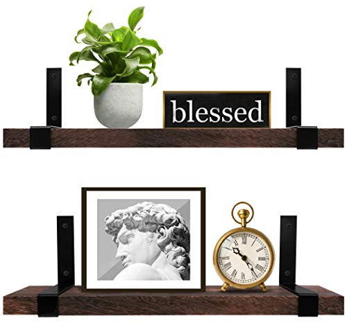 LAVIEVERT Wall Mounted Floating Shelves Rustic Wood Storage Rack for Bedroom, Living Room, Bathroom, Kitchen, Office - Set of 2 (Brown)