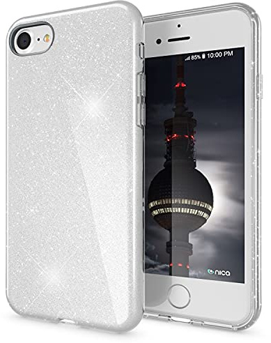 NALIA Glitzerhülle für iPhone 7/8 / SE 2020 / SE 2022 - Hülle, Silber | Partikel fest im Material eingeschlossen, 3-Schicht-Schutzaufbau mit Hardcase-Kern, Erhöhter Kamerarand, SHINEPOP