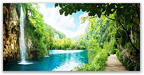 Tulup Impression sur Verre Trempé 140x70cm - Plastique Imprimés Tableau Mural Moderne Décoration Déco Design 4 Crochets - Cascade Lac Nature Arbres