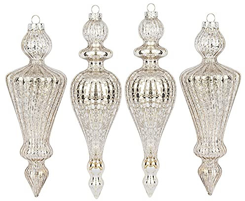 KI Store Mercury Glass Christmas Tree Ornaments Champagne Silve Set of 4 Large Hanging Christmas Finials for Christmas Tree Decoration Holiday Décor