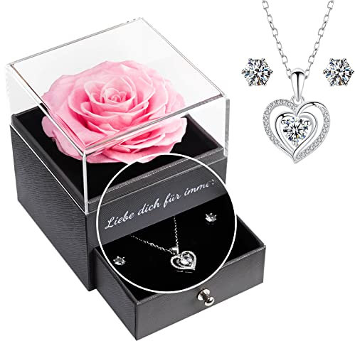 Yamonic Infinity Rosen Geschenke für Frauen Ewige Rose mit Herz Halskette 925 Sterling Silber Damen Kette schmuck Geschenke Für Mama Oma, Konservierte Echte Rose Geschenk Valentinstag Muttertag