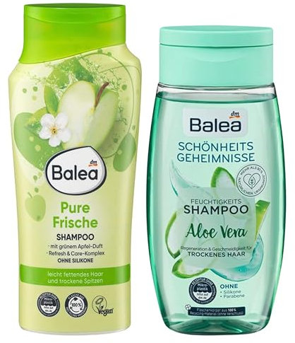 Balea 2er-Set Haarpflege: Shampoo PURE FRISCHE für fettendes Haar & trockene Spitzen (300 ml) + Schönheitsgeheimnisse Shampoo ALOE VERA Regeneration Geschmeidigkeit für trockenes Haar (250 ml) 550 ml