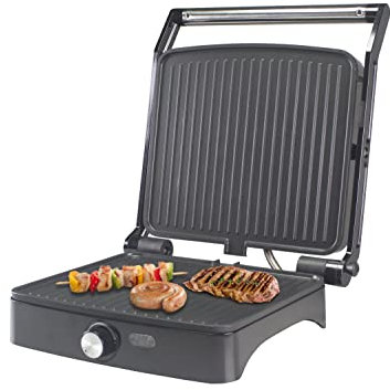 BEPER P101TOS502 Bistecchiera, Multifunction Grill, Panini Maker, Bakelite/Acciaio,1800W , Piastra 28x25 cm, Apertura a 180°, Termostato regolabile, Vassoio raccogli-grassi