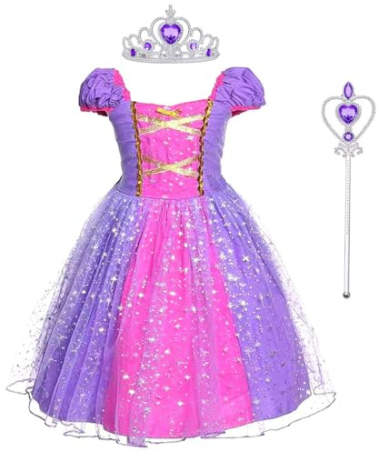 M MUNCASO Robe de princesse Raiponce avec couronne et baguette magique - Pour fille - Costume de cosplay - Pour l'été - Déguisement de fête - Halloween (4-5 ans)