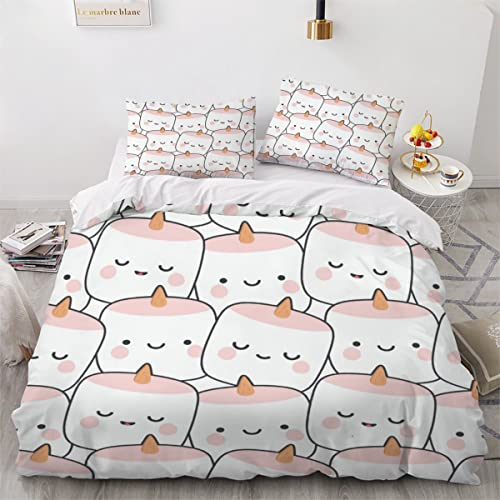 NUYSP Bettbezug Set Kawaii Marshmallow Bettwäsche 220x240 mit 2 Kissenbezug 3D Druck niedliches Gesicht Bettwäsche Set Mikrofaser Bettbezüge mit Reißverschluss für Erwachsene Zimmer Dekor