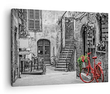 Bilder auf Leinwand Rot Fahrrad Allee Leinwandbild mit Rahmen 70x50cm Wandbilder Dekoration Wohnzimmer Schlafzimmer Küche Deko Klein Wanddeko Bild Wand Kunstdruck Art Wall Decor Canvas AA70x50-4410