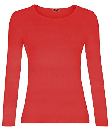 KATSSI Women’s Ladies Long Sleeve Stretch Plain Round Scoop Neck T Shirt Top ML Red