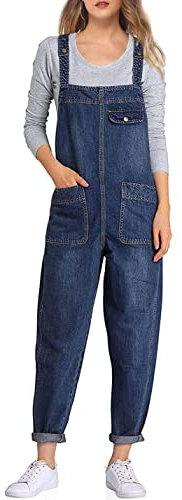 Sukany Women's Casual Baggy Denim Jean Overalls Loose Bib Dungarees Harem Romper Jumpsuit Pants Dark Blue XL