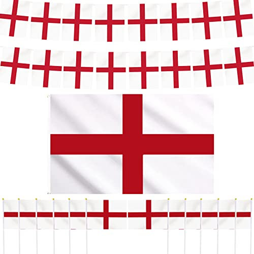AhfuLife England St Georges Flags Bunting Set for 2025 Women's Euro Football Decorations, 10m England Bunting, 12pcs Handheld Small Flags and 1pcs 5ft x 3ft Flag for St. George's Day Rugby Party Decor