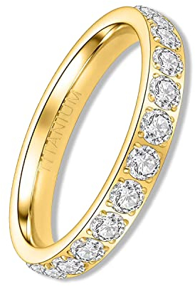 YEBOCIYO Eternity Ring Damen Ring Gold Ewigkeitsringe 3mm Titan Verlobungsringe Eheringe Trauringe Memoirering Jubiläum Aussage Stapelring für Herren Mit Voller Zirkonia 5