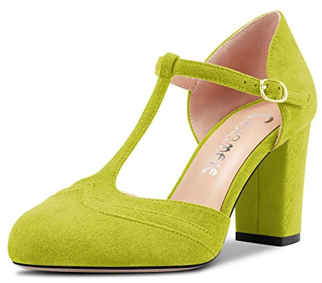 Castamere Donna Chunky Blocco Alto High Tacco Heel Rotonda Punta Pumps T-Strap Fibbia da Matrimonio Ufficio 8.5 CM Heels Verde Lime 37 EU