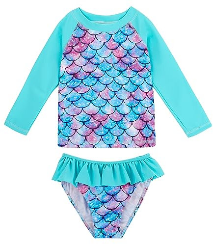 MASOCIO Maillot de Bain Fille 2 Pieces Anti UV UPF 50+ Maillots de Bain Enfant Deux Pièces Tee T Shirt Tshirt Natation Plage 7-8 Ans Multicolore Écailles 1