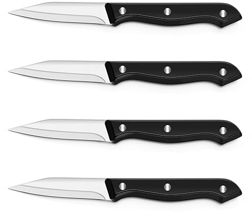 BEWOS 4-Piece Paring Knife Set - Paring Knives with Ergonomic Handle, 3.5 Inch Triple Rivet Paring Knives, Stainless Steel Black Parers for Vegetable, Fruit & Kitchen Use