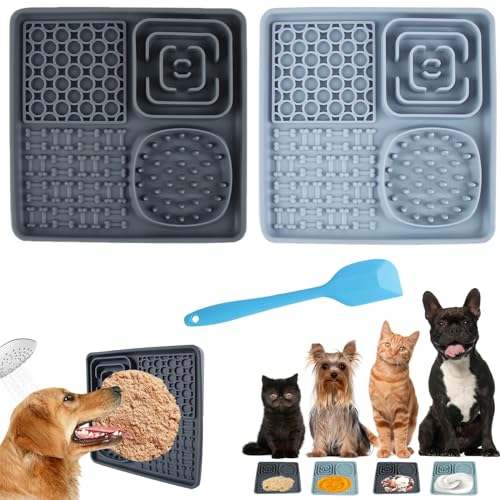 FainFun 2 Pièces Tapis de Leche Chien, Tapis Léchage Chien, Tapis à Lécher Chat, Tapis de fouille Chien avec Spatule pour Nourriture Sèche, Nourriture Humide, Snacks pour Chat et Chien (Gris+Bleu)