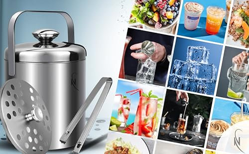 Nadebs Eiswürfelbehälter mit Deckel und Zange-doppelwandig,Edelstahl Eis Eimer 1,3 Liter 100% bpa frei Ice Cube Tray für Eiswürfel u. Früchte ideal für Party u. Hochzeit - Eiskübel, Ice Bucket