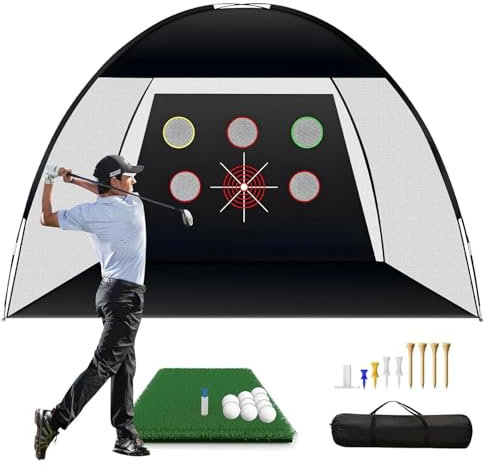 RUN.SE Practice Net - 10x7ft XL Golf Net and Mat, 9 Golf Balls, Turf Mat, Carry Bag, Swing Trainer, Gifts for Men/Women