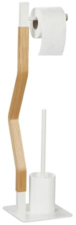 Relaxdays Piantana Portarotolo e Scopino WC, Portascopino da Bagno, Porta Carta Igienica, 76x20x20 cm, Marrone Bianco, Fibra di Legno