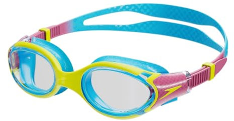 Speedo Junior Biofuse 2.0 Swimming Goggles | Patented Easy Adjustment | Anti-Fog | Anti-Leak | Enhanced Fit | Improved Comfort, Lemon Drizzle/Kiki Pink/Picton Blue, One Size