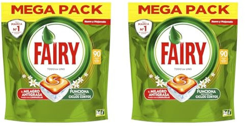 Fairy Todo En Uno Pastillas Lavavajillas, 90 Capsulas Lavavajillas, Elimina Grasa Reseca, Detergente Lavavajillas, Fragancia Naranja (Paquete de 2)
