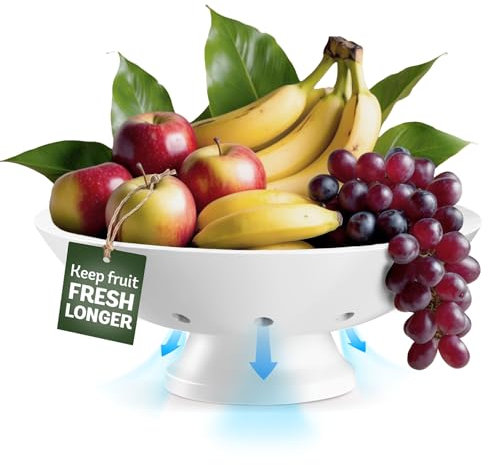 Bambüsi White Fruit Bowl - 11 Large Wooden Pedestal Bowl for Kitchen Counter & Dining Table Centerpiece, Premium Modern Bamboo Fruit Basket & Banana Holder for Fresh Produce, Bread & Home Decor