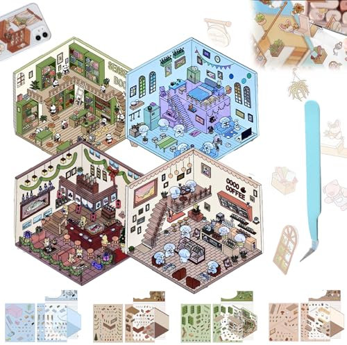 SOCLING 4 Sets DIY 3D Haus Aufkleber, Machen Sie Ihr Eigenes Supermarkt|Café|Restaurant|Buchhandlung, Lustige Niedliche Szenen Zur Stresslinderung für Erwachsene und Kinder