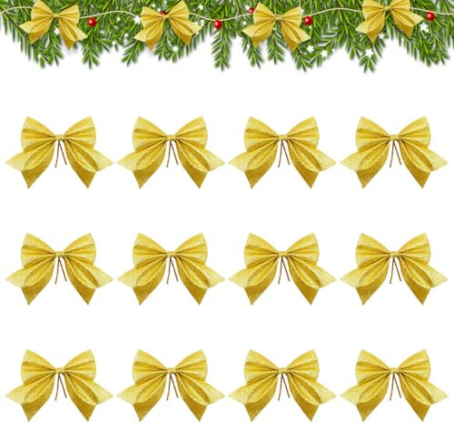 12 Stück Weihnachtsschleifen, Weihnachtsbaum Deko Bogen Schleife, 14 x 15cm Gold Weihnachten Schleifen, Glitzer Schleifen Weihnachtsbaumschmuck, für Geschenk Weihnachtsdeko