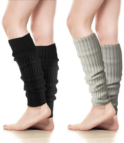 2Paar Beinwärmer für Damen, Modische Strick-Beinwärmer-Socken im 80er, 90er Jahre-Stil Stulpen für Damen, Stulpen Schwarz Beinwärmer für Partys, Ballett, Tanzen und Sport (Schwarz, Graugrün)
