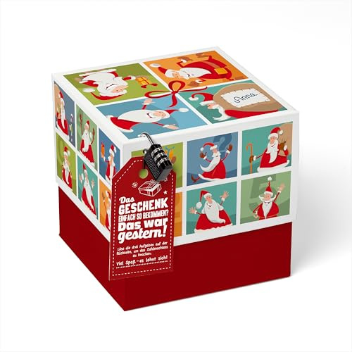 SURPRISA Rätselbox Geldgeschenke Weihnachten, Gutschein, Geschenkbox Rätsel | Extra große Geschenkverpackung für Geldgeschenke, Gutscheine und Geschenke, Weihnachtsrätsel mit Santa-Motiv, Größe L (20 cm)