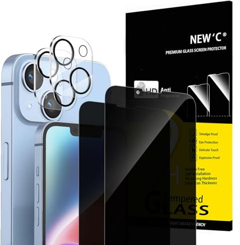 NEW'C Kit de 4, 2 x Verre Trempé Anti-Espion pour iPhone 14 (6,1 Pouces) et 2 x Protection Caméra Arrière - Ultra Résistant - Dureté 9H Glass- Angle de Confidentialité 28 Degrés Amélioré