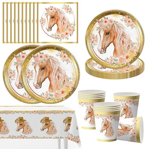 OMZSXK Juego de vajilla de fiesta de caballos, decoración de cumpleaños, vajilla con manteles para 10 invitados, decoración de fiesta de caballos, vajilla de cartón, accesorios de fiesta, platos
