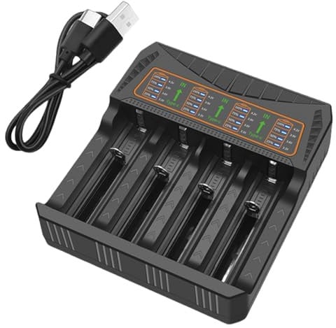 18650 Battery Charger – Universal 4-Slot Smart Charger for Rechargeable Lithium & NiMH Batteries – LED Indicator Display – USB Charging for 3.7V, 21700 14500 16340 18650 26650 18500 10440 18490& More