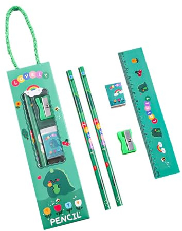 5 - Teiliges Schulsets: 2 Bleistifte + 1 Bleistiftspitzer + 1 Radiergummi + 1 Lineal (15 Cm) - Liebevolles Dinosaurier - Design Für Lernspaß