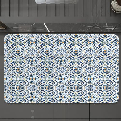 EMCLKS Tappeto Bagno 60x90 cm,Piastrelle etniche portoghesi Azulejo Mosaico floreale Eur,Tappetino Assorbente e Antiscivolo in Microfibra per Bagno,Cucina,Camera da Letto,Corridoio