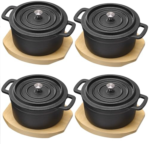 Navaris Small Cast Iron Skillet Pan Set of 4-6 Casserole with Wood Base - Durable Cast Iron Cookware - Pot Suitable for Various Stoves - Base Perfect for Oven-to-Table Serving