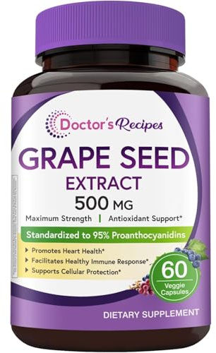 Doctor's Recipes Grape Seed Extract 500mg 95% Proanthocyanidins 60 Veg Caps | Max Strength, Non-GMO, Antioxidant Support, Heart, Immune & Skin Health