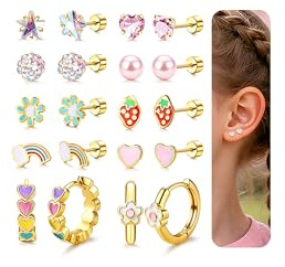 CASSIECA 10Paar Ohrringe Kinder Hypoallergene Kinder Ohrringe Mädchen | Hypoallergene Ohrringe für Mädchen Kinder Gesundheitsstecker Herz Blume CZ Ohrringe Set Kinderohrringe Silber Gold Mädchen