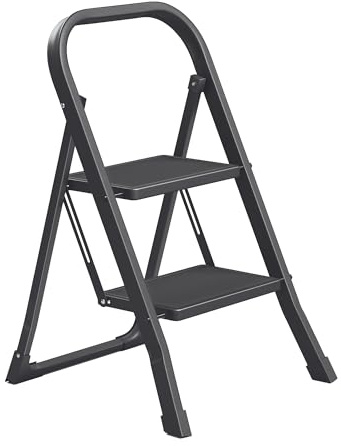SONGMICS Marchepied 2 Marches Pliable, Escabeau, Charge 150 kg | Verrou de Sécurité, Facile à Ranger, Noir, Collection BRODY GSL012BZ01
