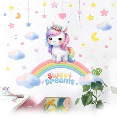 OIXEYA Adesivi Murali Bambini Unicorno e Arcobaleno, Adesivi Murali con Unicorno, Adesivi Murali per Cameretta Bambina con Arcobaleno, Decorazioni Murali per Cameretta dei Bambini (A)