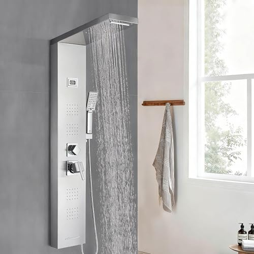 Duschpaneel aus Edelstahl Wand-Duschpaneel mit 5 Funktionen,Duschsäule mit LED Temperaturanzeige für das Badezimmer, Regendusche, Wasserfalldusche, Massagedusche, Wanneneinlauf Handbrause
