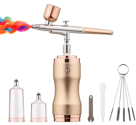 Aumotop Airbrush Kit Dual-Action 3-Level Adjustable Pressure with Compressor, Portable Handheld Cordless Air Brush Pen for Makeup Cake Decorating, Black Aluminum Alloy Material (Champagne)