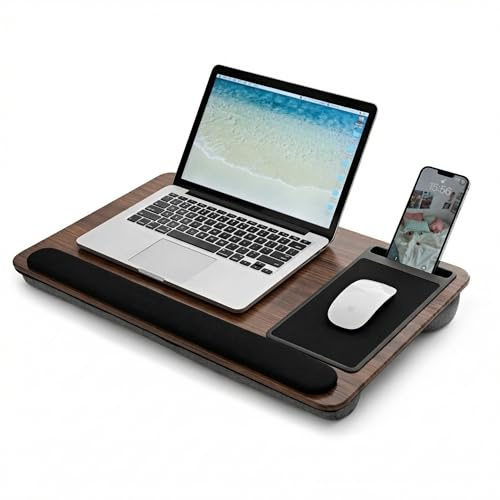 Portable Lap Desk Wood Laptop Tray with Cushion, Lightweight Laptop Stand for Bed Lap Tray with Built-In Mouse Pad, Wrist Rest, Phone Slot, Lap Stand for Sofa and Bed, Brown