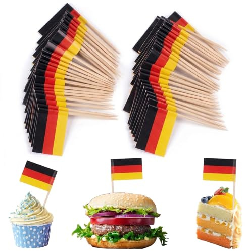 HOMAVEL 100 Stück Deutschland Zahnstocher Fähnchen für Party & Oktoberfest | Deutschland Deko für Oktoberfest, Tag der Deutschen Einheit, Fußballabende, Fingerfood, Kuchen, Snacks & Buffets