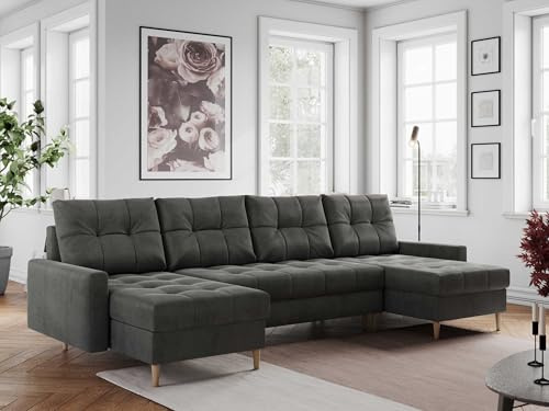 MKS MEBLE Sofa U-Form mit Schlaffunktion, Wohnlandschaft U-Form, Couch mit Schlaffunktion und Bettkasten, Schlafsofa mit Bettkasten, Couch mit Schlaffunktion - Dunkelgrau Velvet COLIN U mit Topper T25