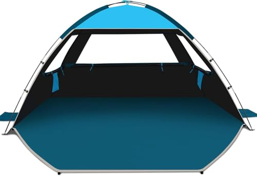 COMMOUDS Strandmuscheln, Tragbarer Strandzelt mit UV-Schutz 99+, Familie Sonnenzelt Strand mit 3 Mesh Fenster, Schnelle Montage, Einfaches Tragen Schirm Strandmuschel, Blackout Blau 3 Personen