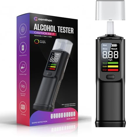 CAMTHON | Alcoholimetro Digital Portátil, Test Alcoholemia Preciso con Boquillas, Medidor de Alcohol Profesional para Uso Personal, Breathalyzer para Control de Alcohol