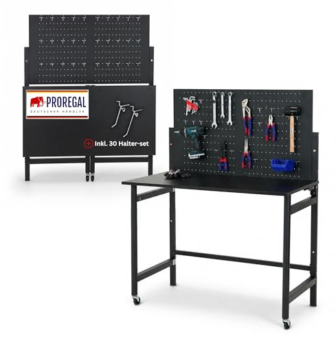 PROREGAL Werkbank klappbar für Wandmontage Titan mit Werkzeug Lochwand für Werkstatt 144x115x63cm Fachlast 55kg inkl. 30-teiligem Hakenset Schwarz Werktisch für Enge Räume mit Lochplatte Werkzeugwand