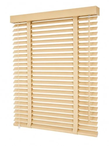 Venetian Faux Wood Blind With TAPE Ladder 50mm Slats Trimmable Fauxwood Easy Fit Blinds for Home Kitchen Garage Campervan Caravan Light Control child safe window curtains Natural (60W x 150L cm)