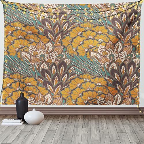 ABAKUHAUS Blumen Wandteppich, Blumen und Peacock aus Weiches Mikrofaser Stoff Waschbar ohne Verblassen Digitaldruck, 150 x 110 cm, Petrolblau Blasser Kaffee