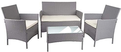 Mendler Poly-Rattan Garten-Garnitur HWC-D82, Sitzgruppe Lounge-Set - grau mit Kissen Creme